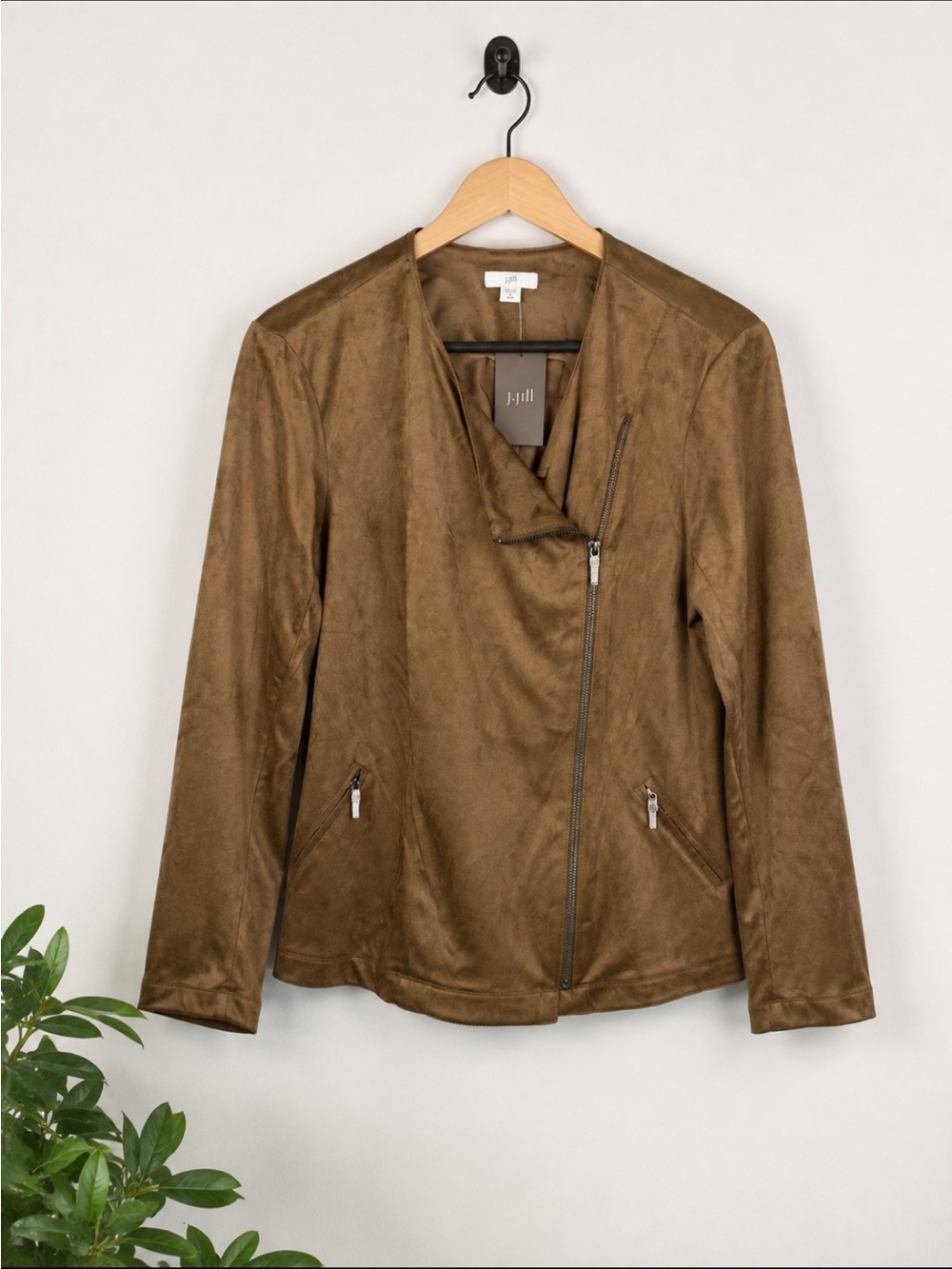 New NWT $149 J JILL Small PM Faux Suede Leather Moto Jacket Brown Zip